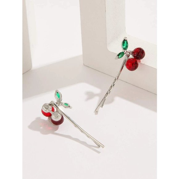 2PCS CHERRY CRYSTAL DECOR BOBBY PIN - Picture 3 of 3